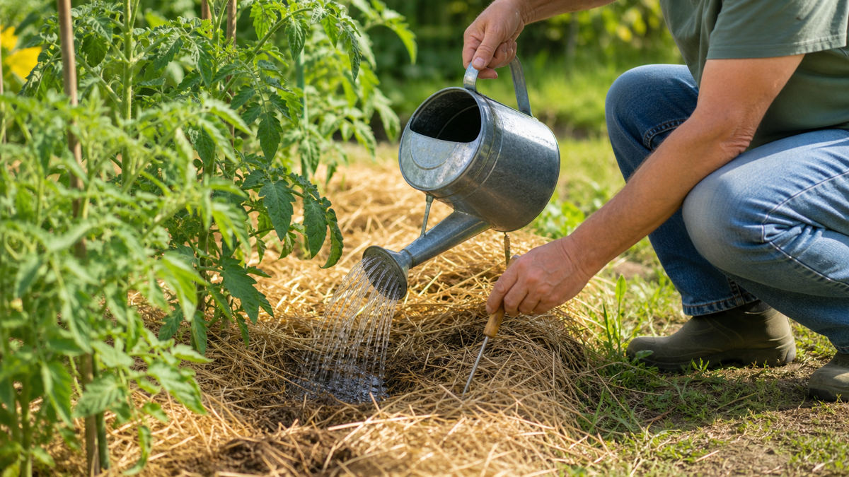 Arrosoir versant lentement au pied de plantes paillées avec contrôle de l'humidité du sol