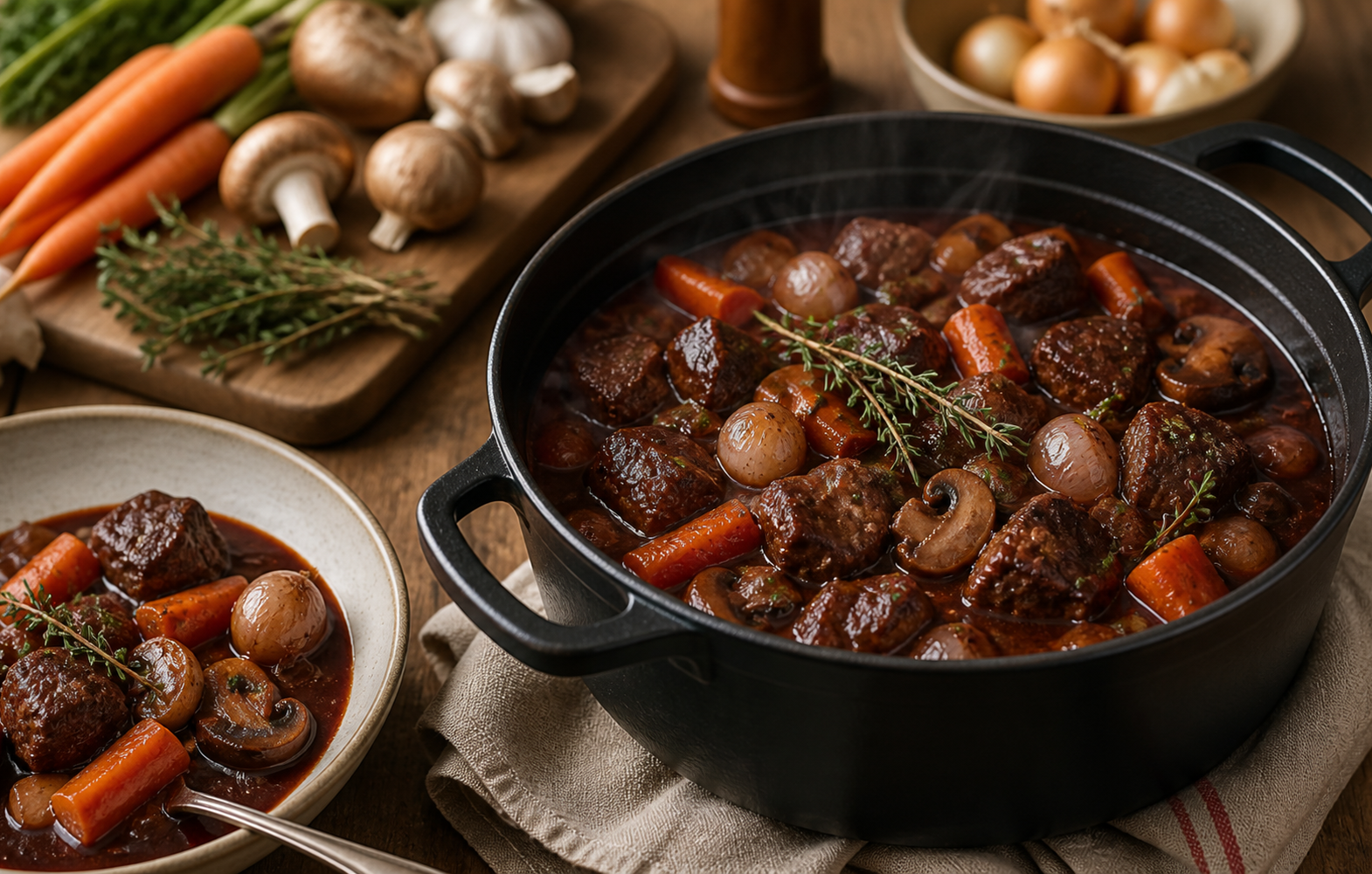 Bœuf bourguignon mijoté avec carottes, champignons, oignons et sauce brune dans une cocotte