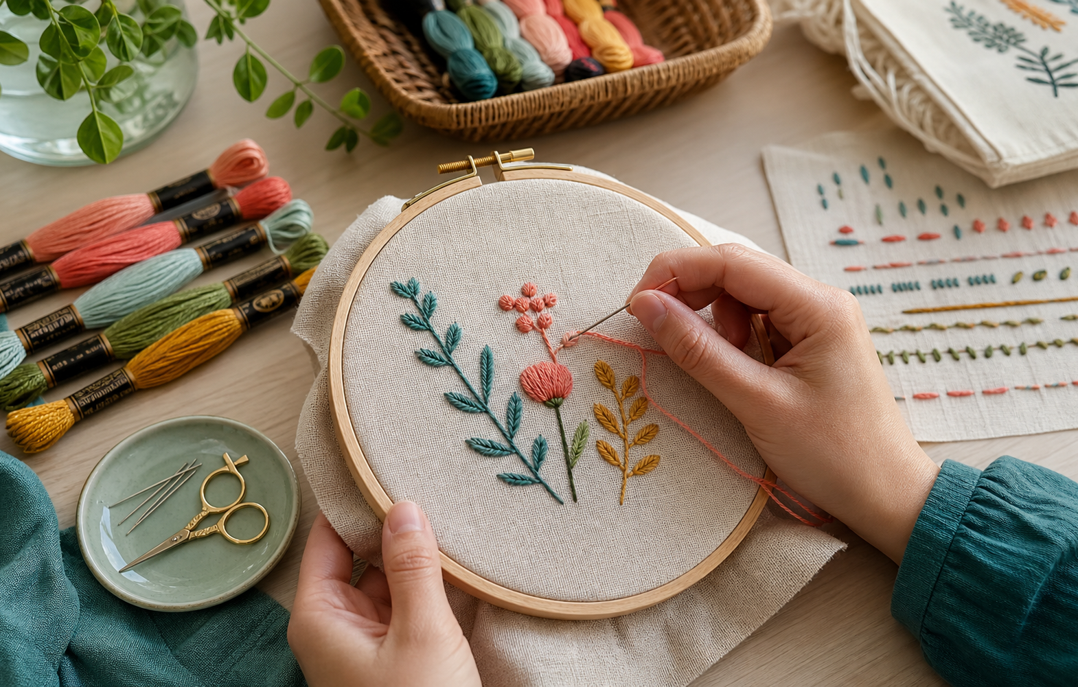 Tambour à broder avec fil coloré, aiguille et motif floral simple pour débuter
