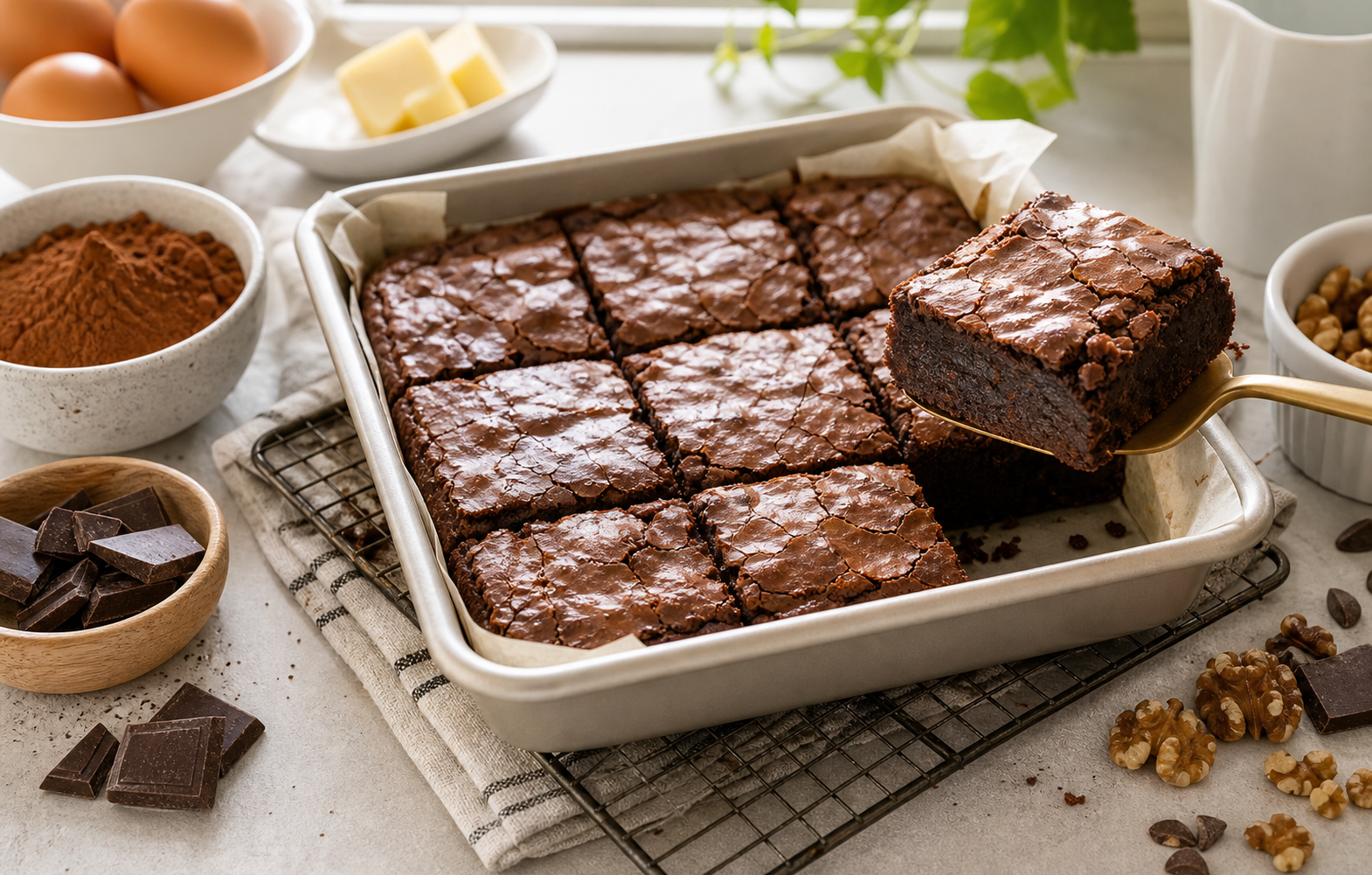 Brownie au chocolat coupé en carrés avec croûte craquelée et intérieur fondant