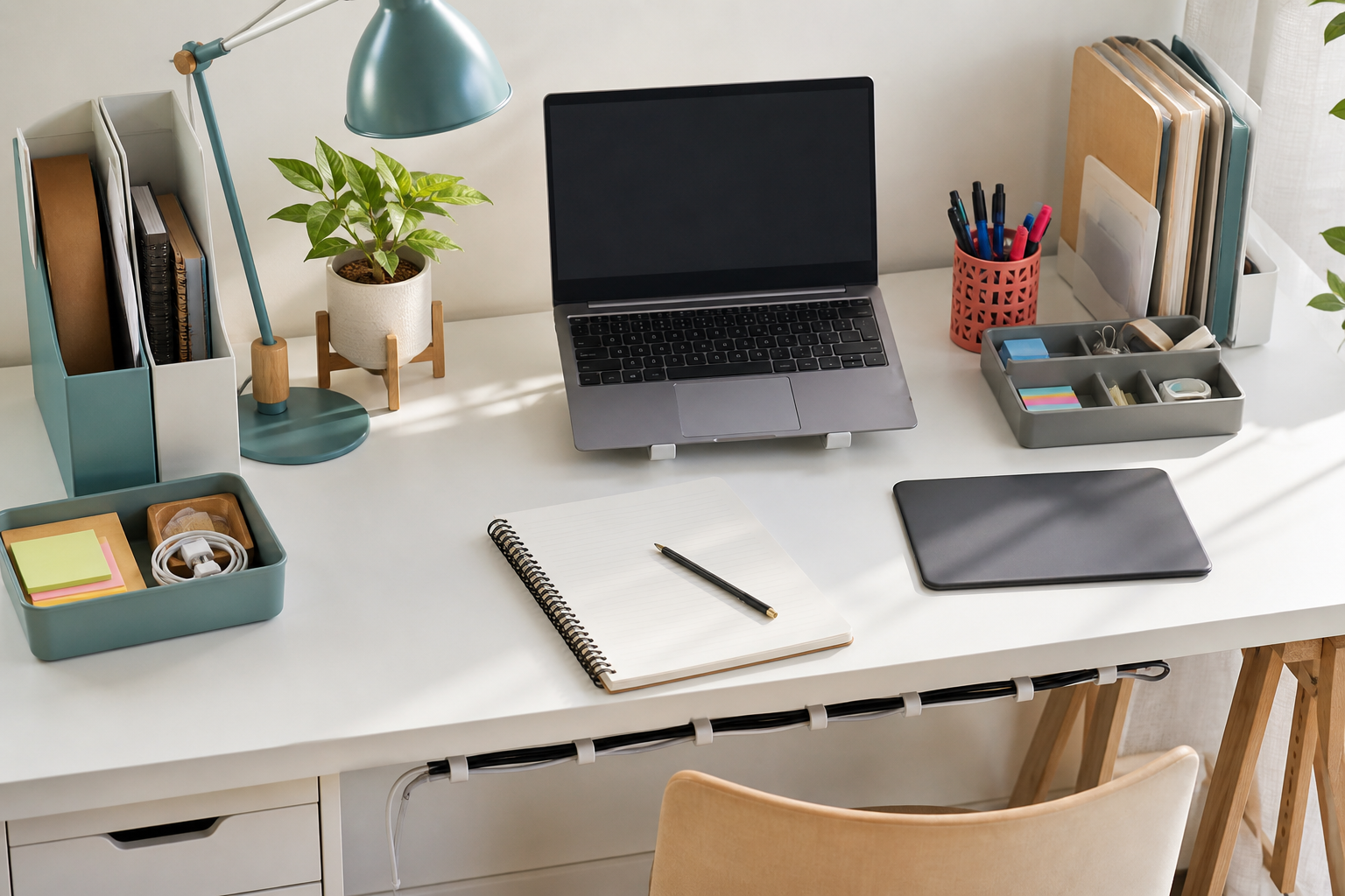 Bureau propre avec ordinateur, lampe, rangements et câbles attachés
