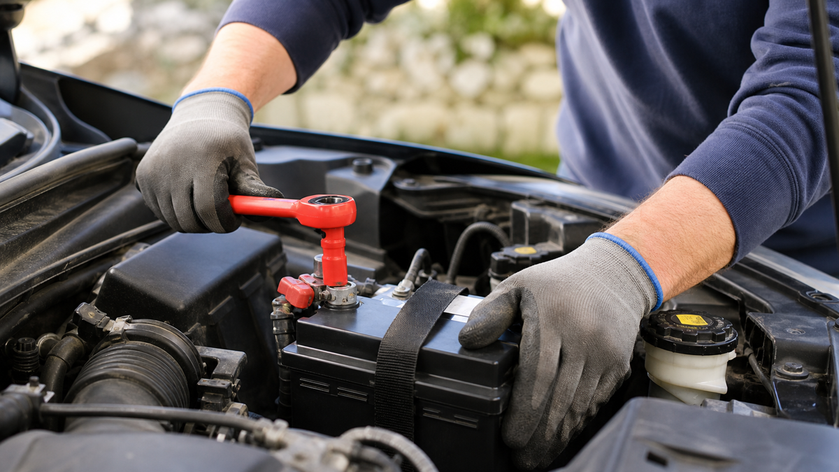 Batterie automobile 12 volts avec bornes protégées, sangle de fixation et outil isolé