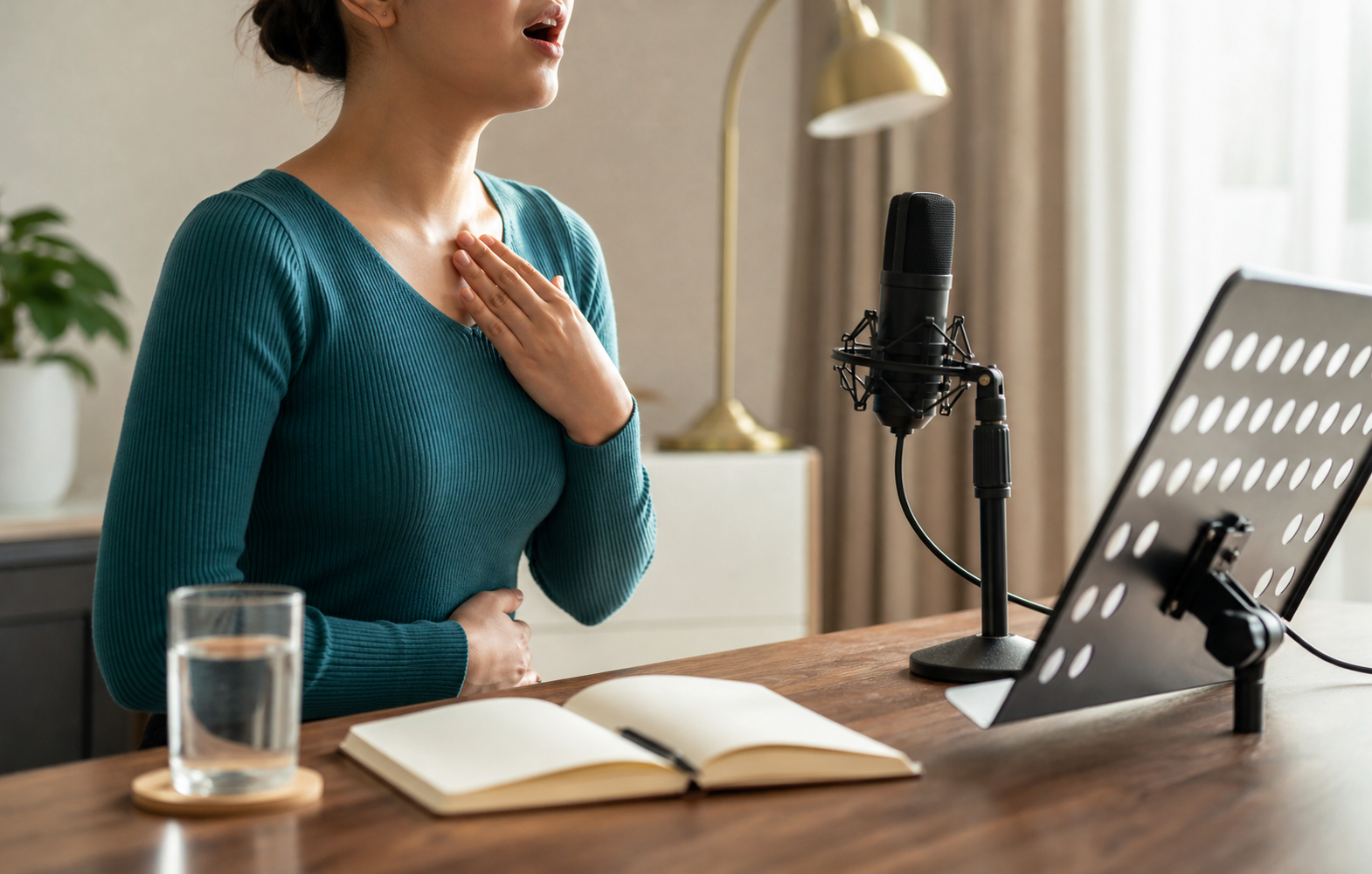 Microphone, pupitre et carnet pour apprendre à chanter avec une routine vocale