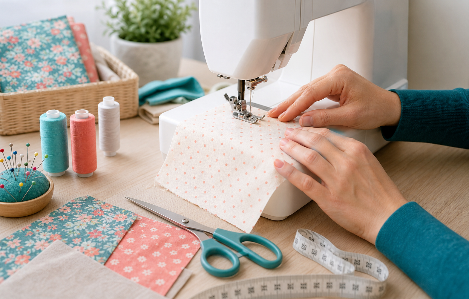 Machine à coudre avec tissu, fils, ciseaux et mètre ruban pour débuter la couture