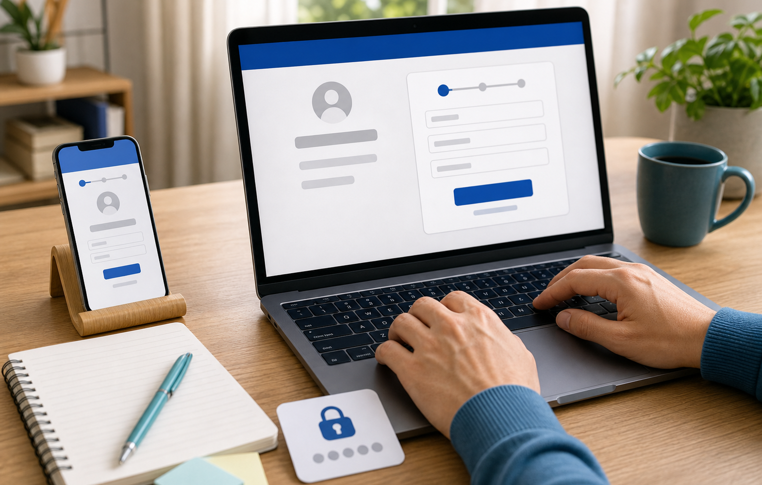 Ordinateur et téléphone affichant une interface générique de création de compte social