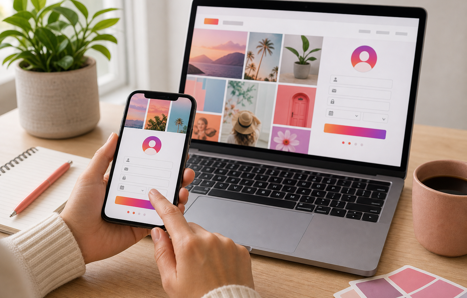 Téléphone et ordinateur affichant une interface générique de création de profil photo