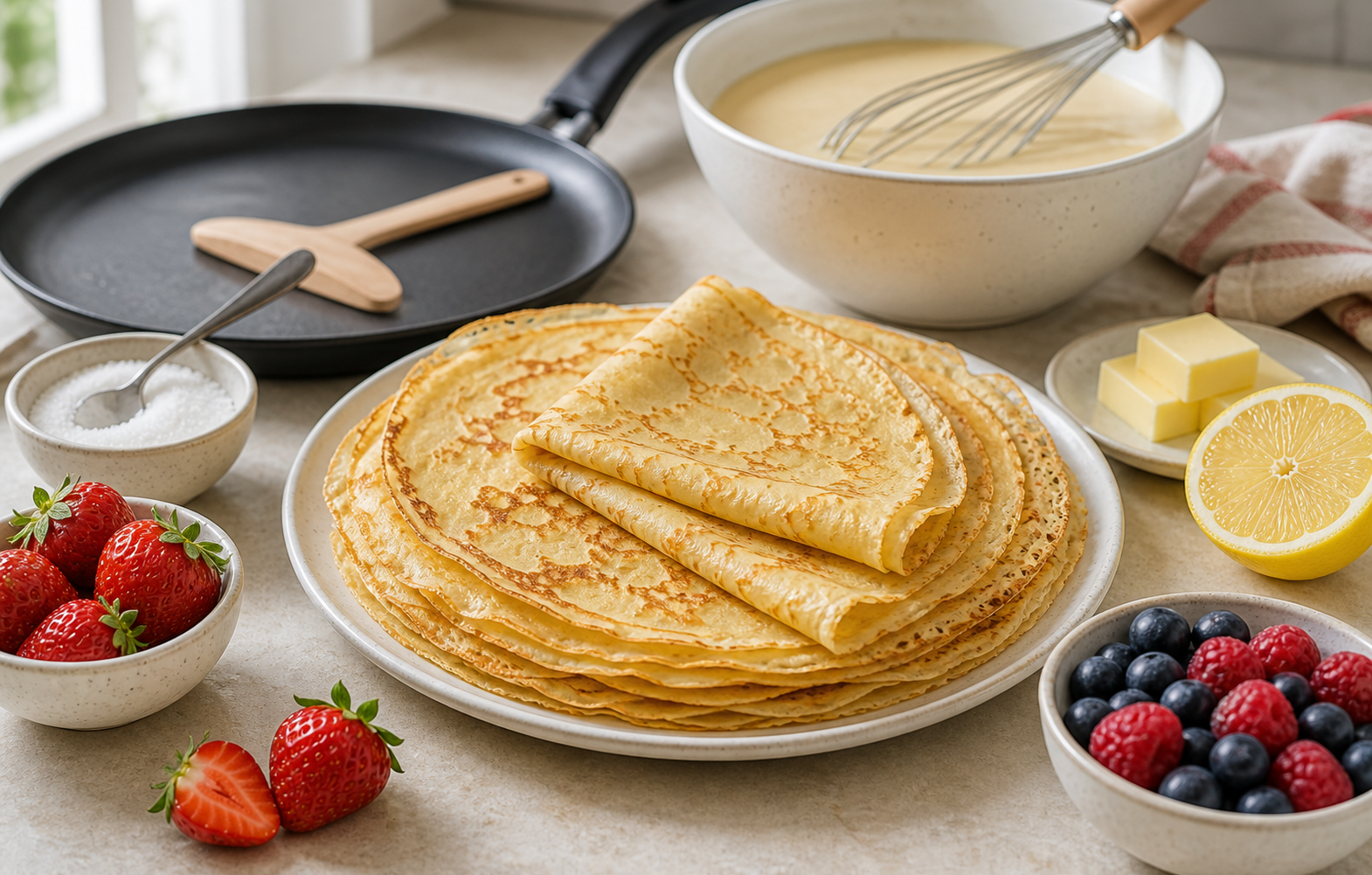 Pile de crêpes dorées avec poêle, pâte, fruits, sucre et citron sur un plan de travail