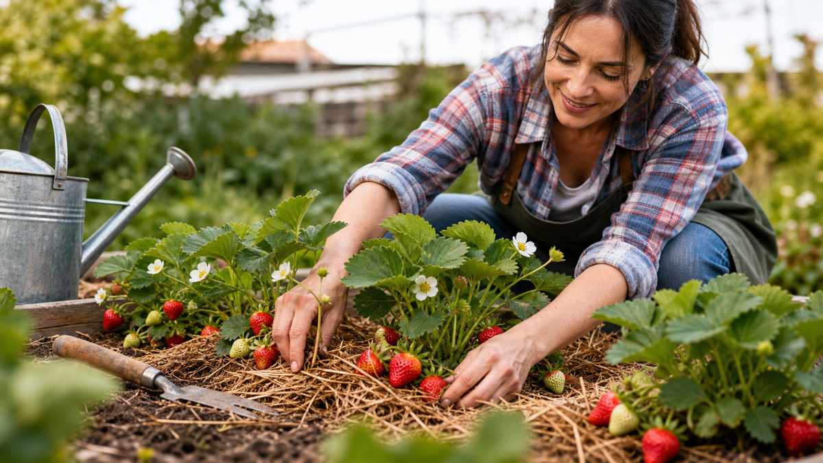 Fraisiers plantés au niveau du collet avec paillage, fleurs et fruits rouges propres