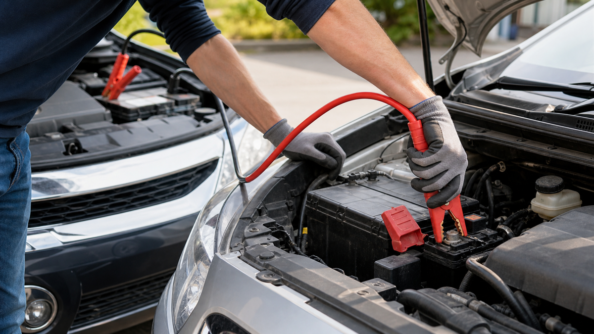 Deux batteries 12 volts reliées par câbles rouge et noir aux points de démarrage indiqués par la notice