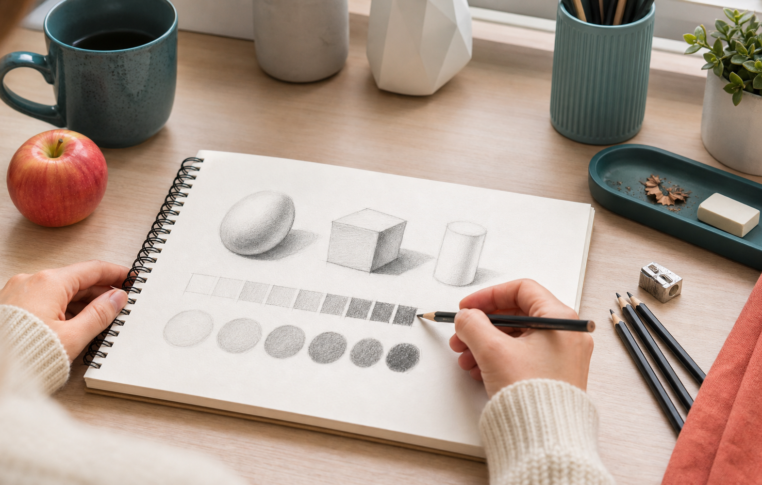 Carnet de dessin avec crayons, gomme et formes simples pour apprendre les bases
