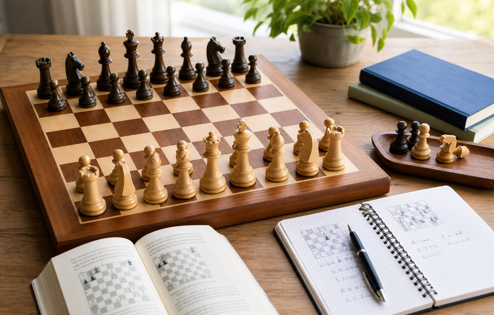 Échiquier en bois installé sur une table avec carnet d'analyse et pièces rangées