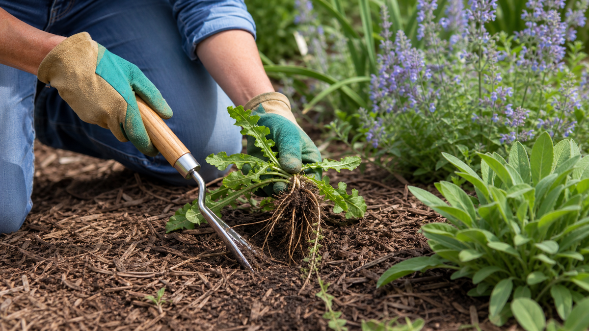Herbes indésirables retirées avec racines à l'aide d'une gouge sur un sol paillé