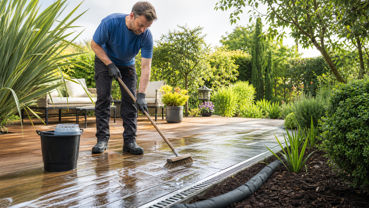 Terrasse en bois et dalles nettoyée avec balai-brosse, seau dosé et évacuation protégée