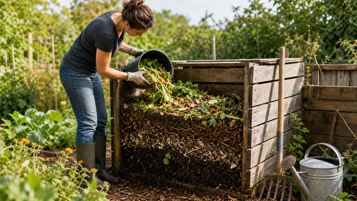 Composteur de jardin avec couches de matières brunes et vertes, fourche et arrosoir