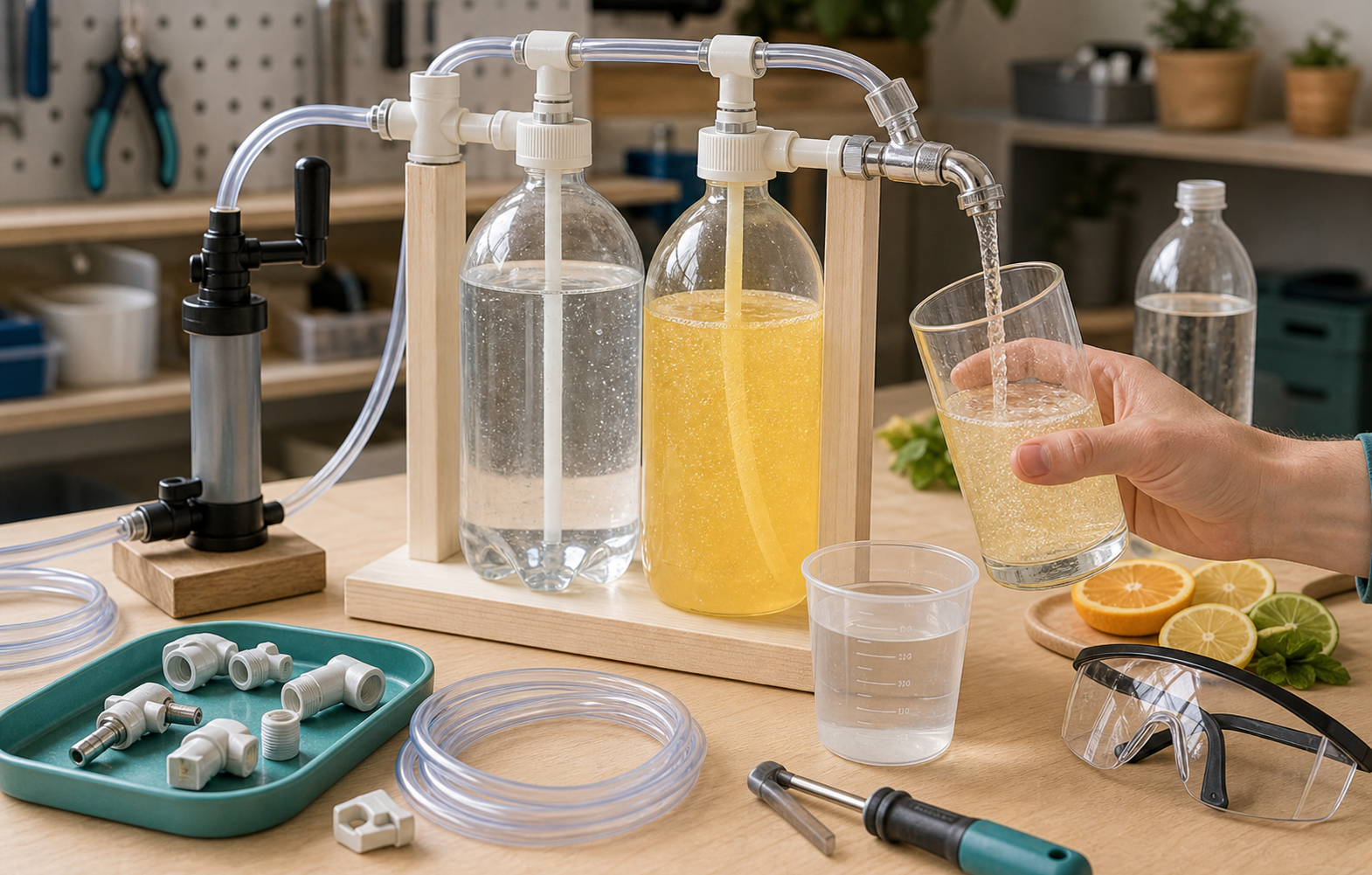 Prototype de distributeur de soda avec bouteilles, tuyaux transparents, pompe manuelle et verre
