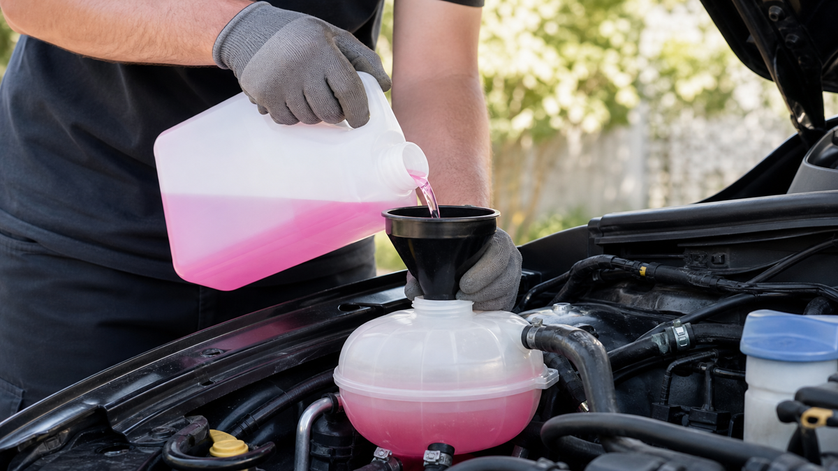 Vase d'expansion froid avec repères MIN et MAX, liquide homologué, gants et entonnoir