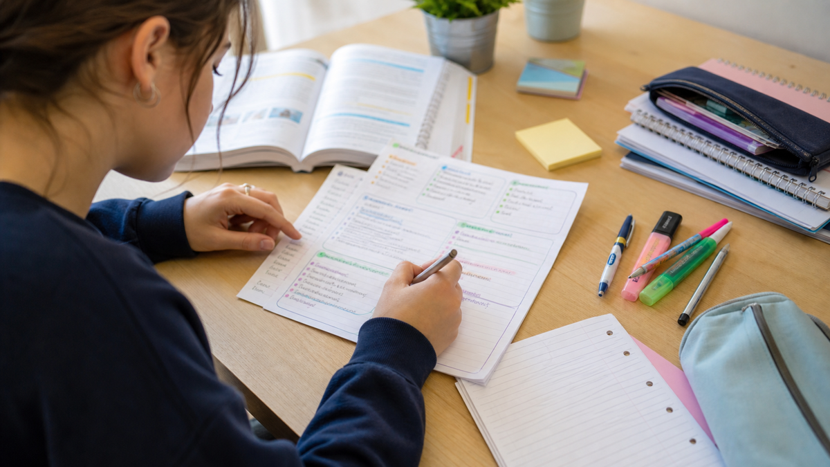Fiche de révision structurée avec questions, notions essentielles, exemple et zone d'auto-test