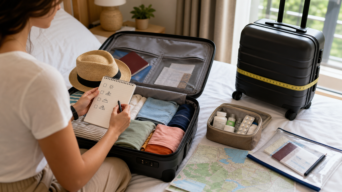 Valise ouverte avec liste par activités, poche de documents, médicaments et bagage cabine mesuré