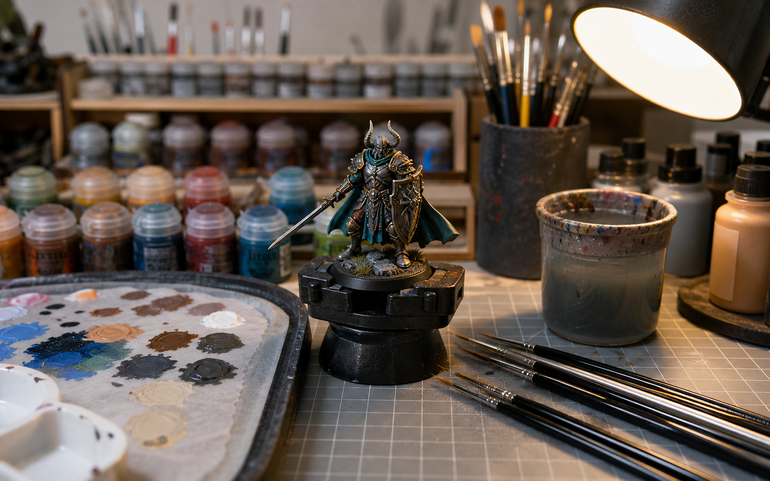 Figurine peinte sur un établi avec pinceaux, peintures acryliques et lampe de bureau