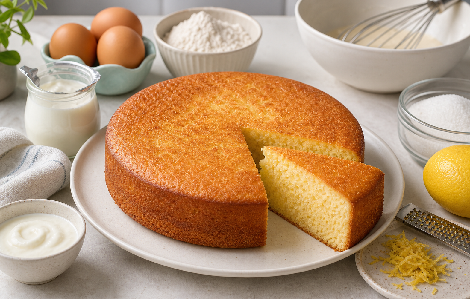 Gâteau au yaourt doré avec une part coupée, yaourt, œufs, farine et citron