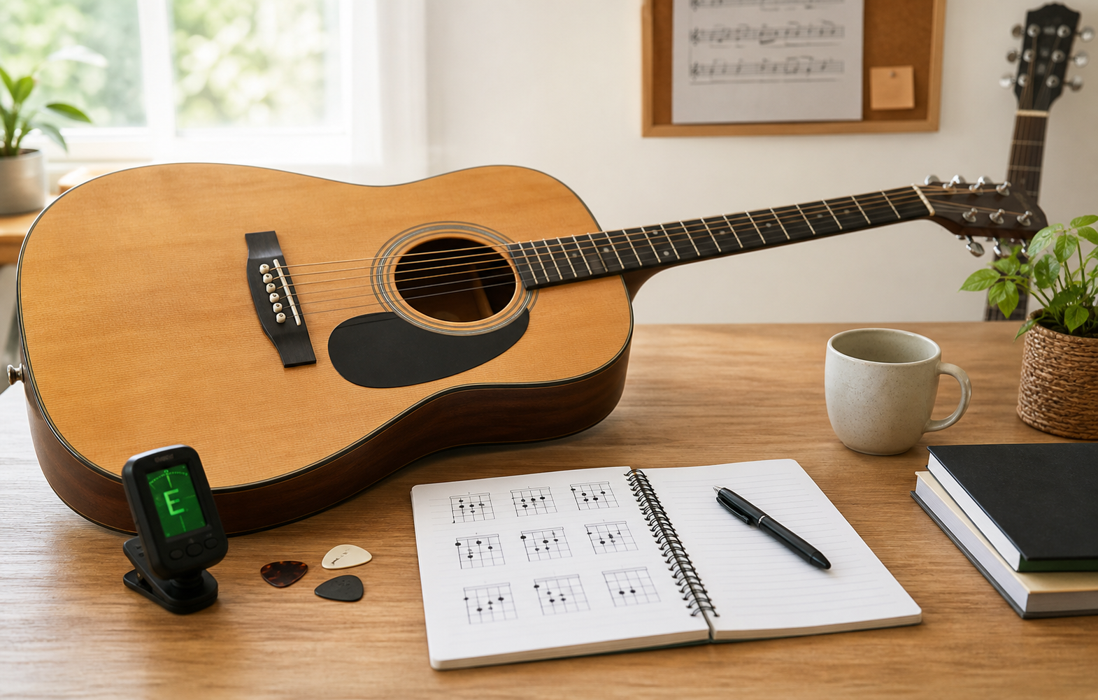 Guitare acoustique posée sur une table avec accordeur, médiators et carnet d'accords