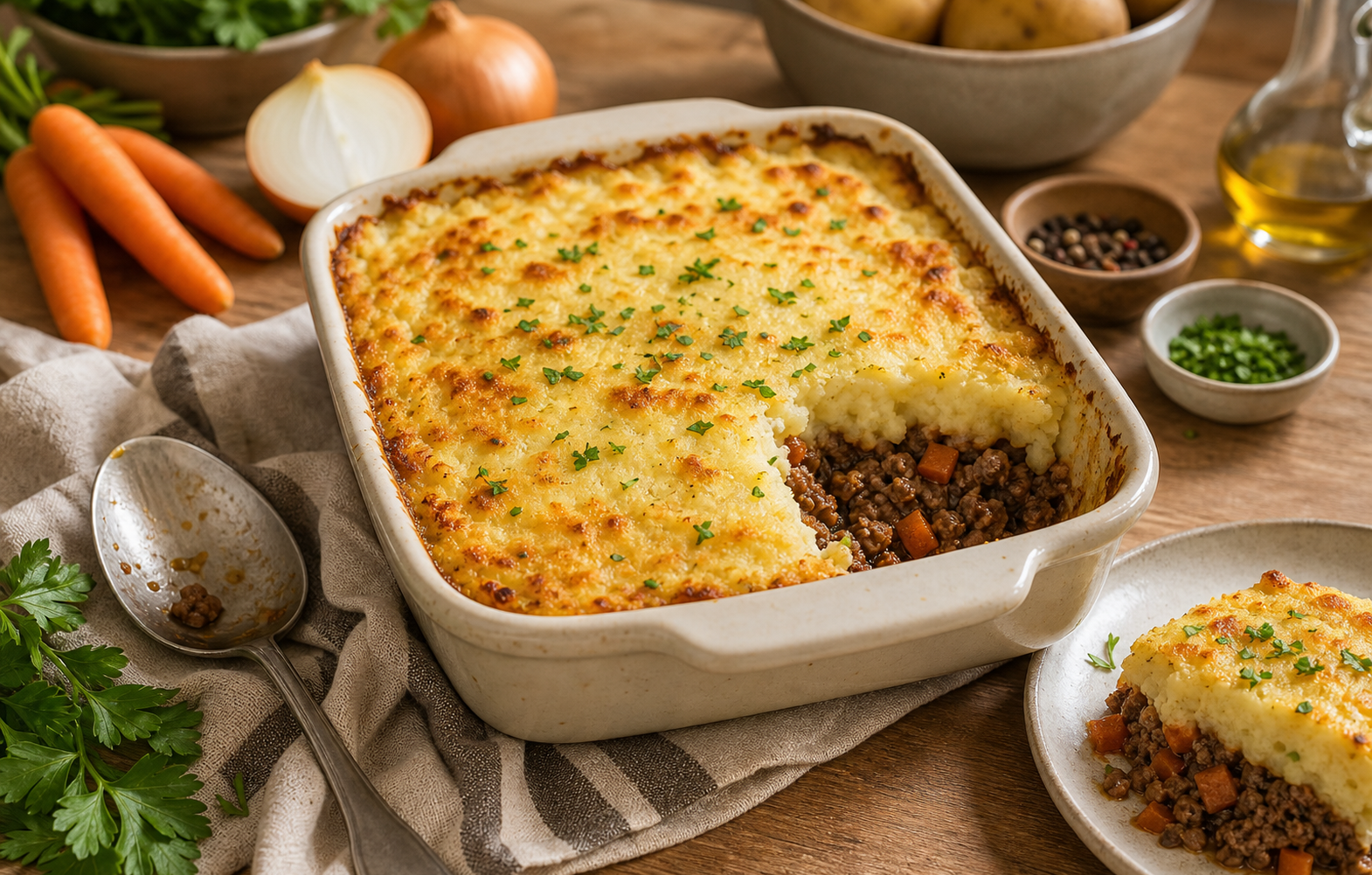 Hachis parmentier gratiné dans un plat avec purée dorée et couche de viande visible