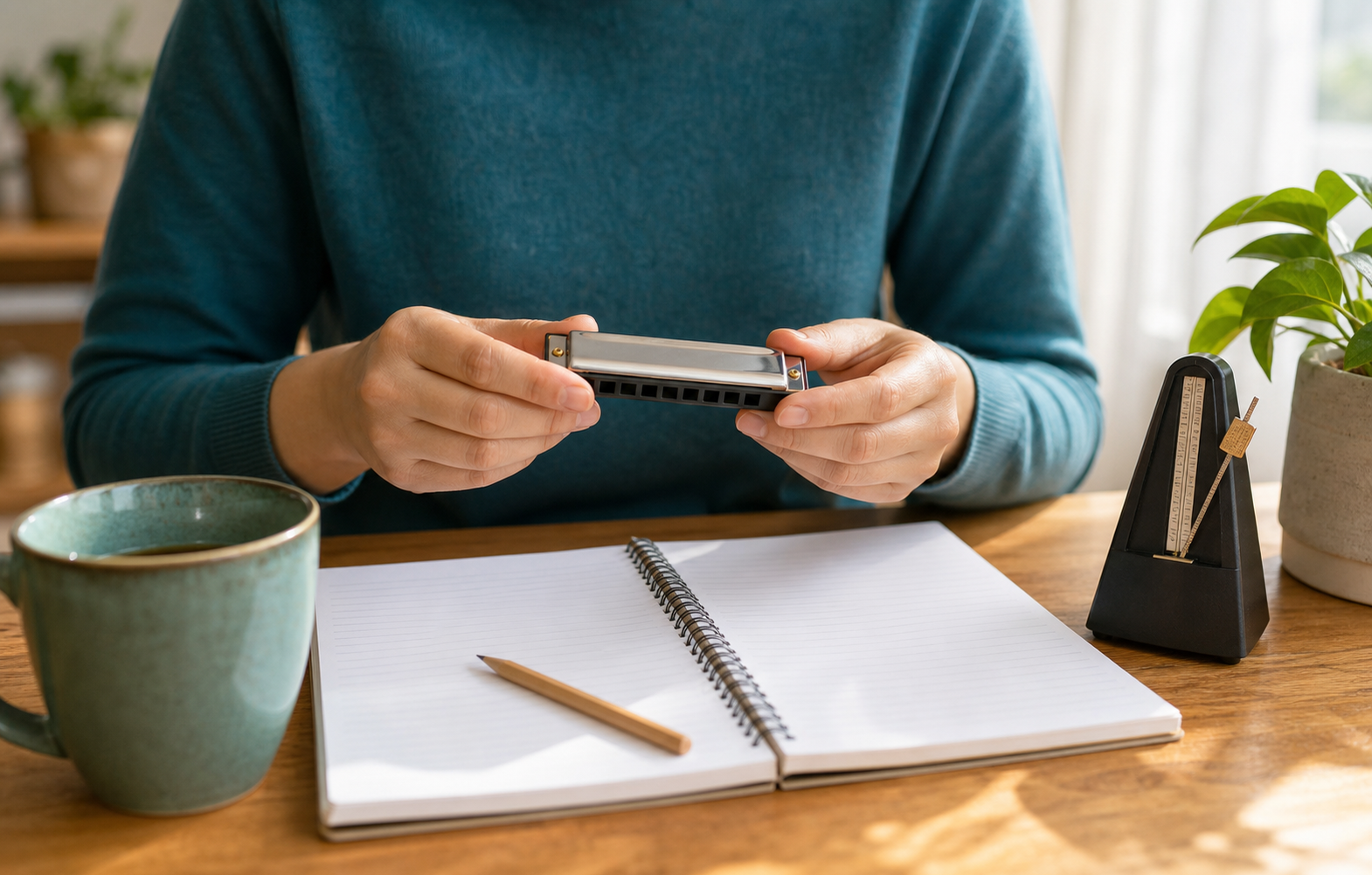 Harmonica posé avec carnet, crayon et métronome pour apprendre les premières notes