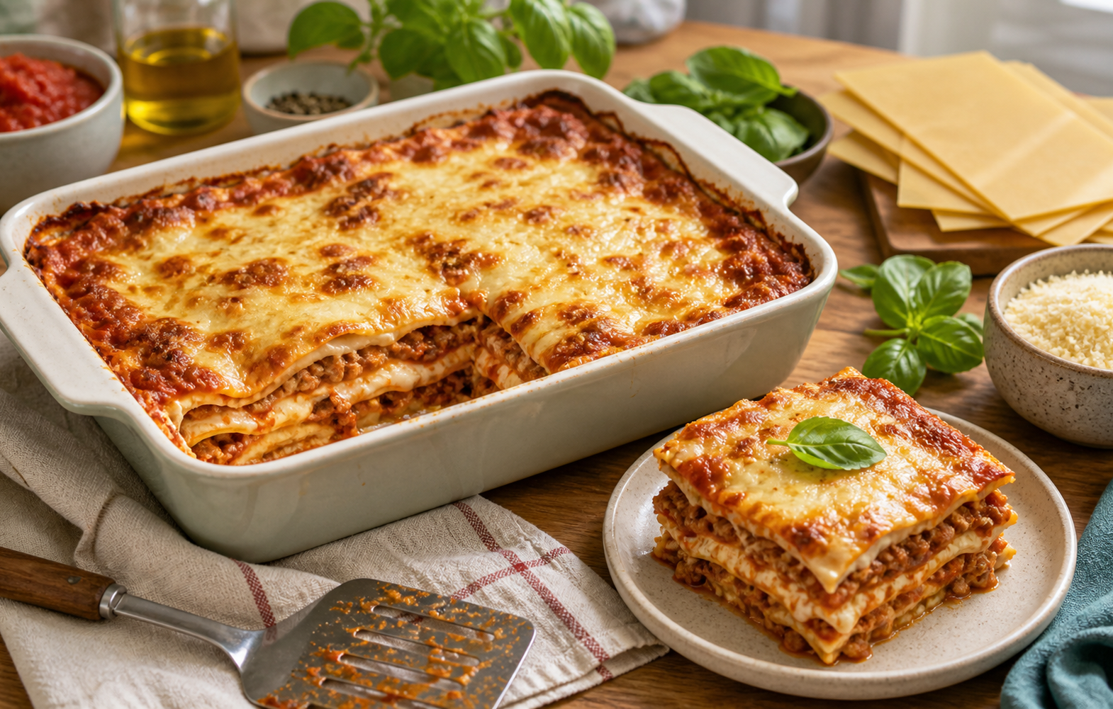 Lasagnes bolognaises gratinées avec couches de pâte, sauce tomate, viande et béchamel