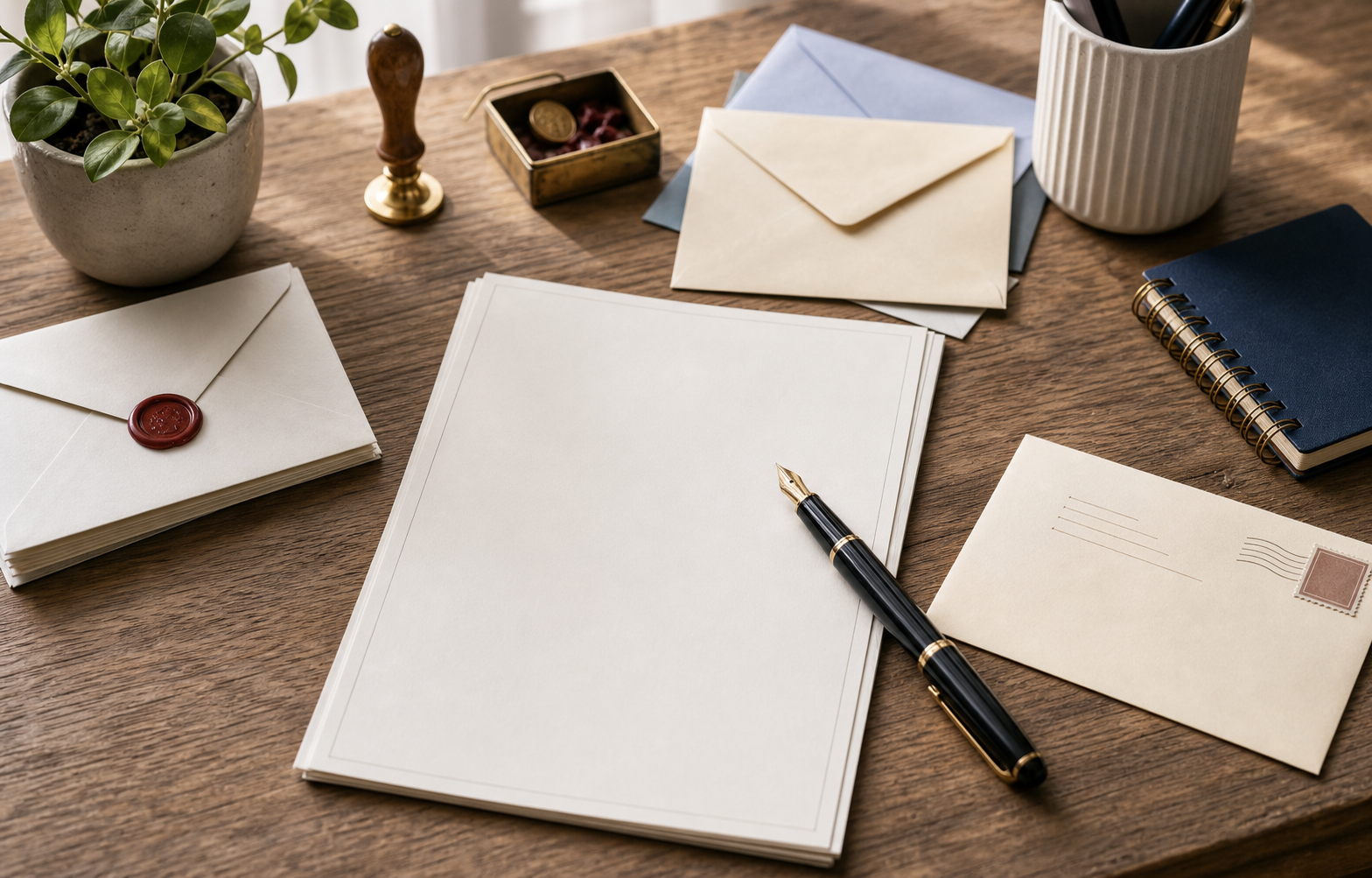 Bureau avec papier à lettre, stylo plume, enveloppes et timbre