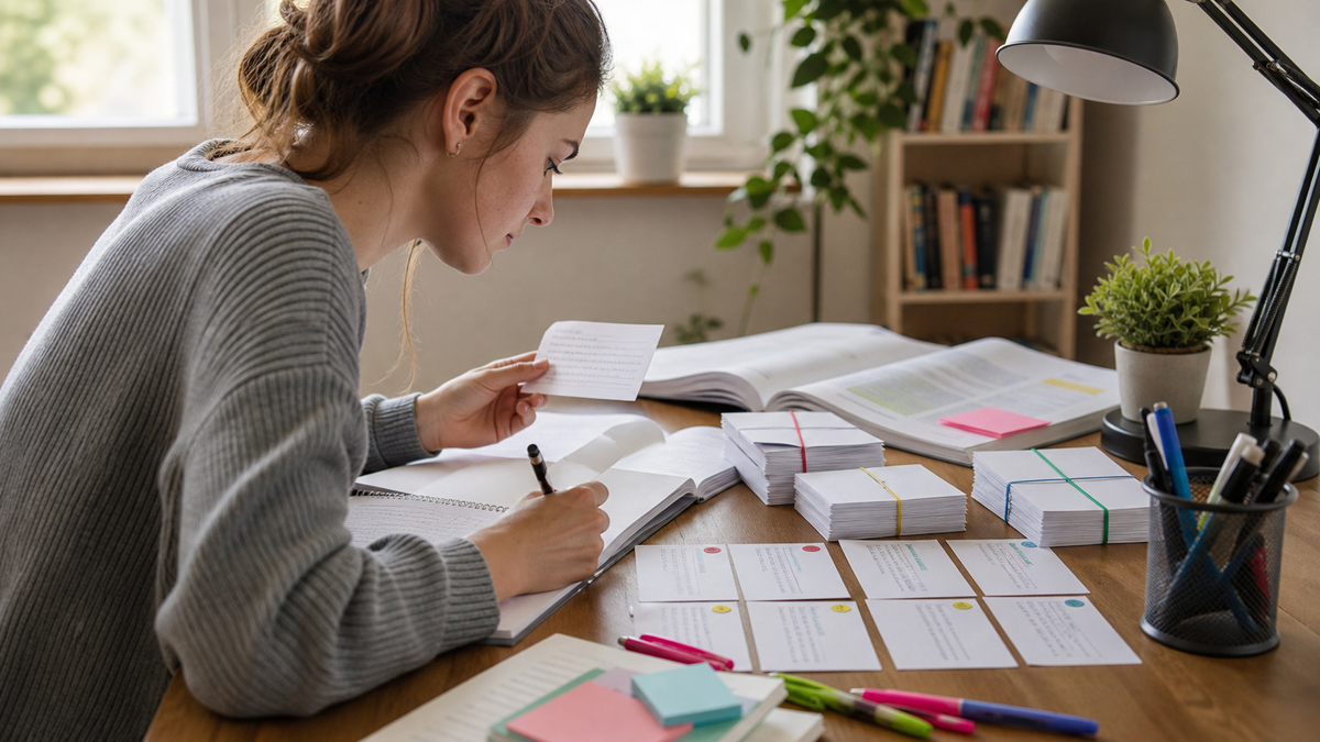 Cartes de mémoire avec questions courtes, réponses vérifiées et intervalles de rappel planifiés