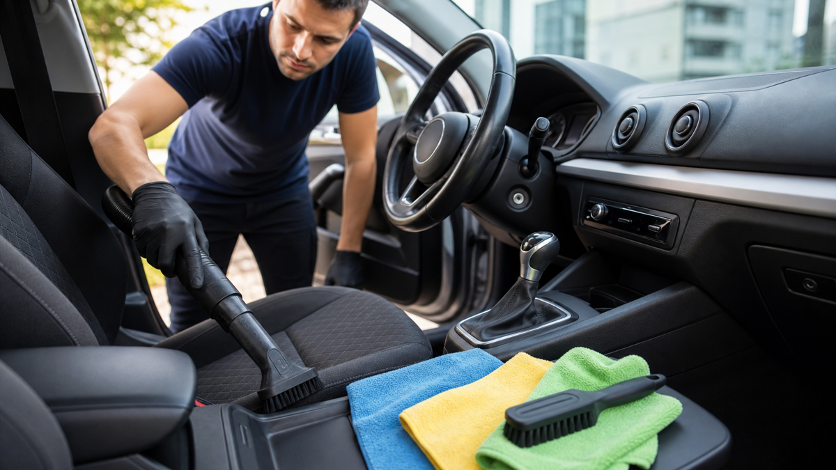 Habitacle de voiture aspiré avec microfibres séparées pour vitres, tableau de bord et sièges