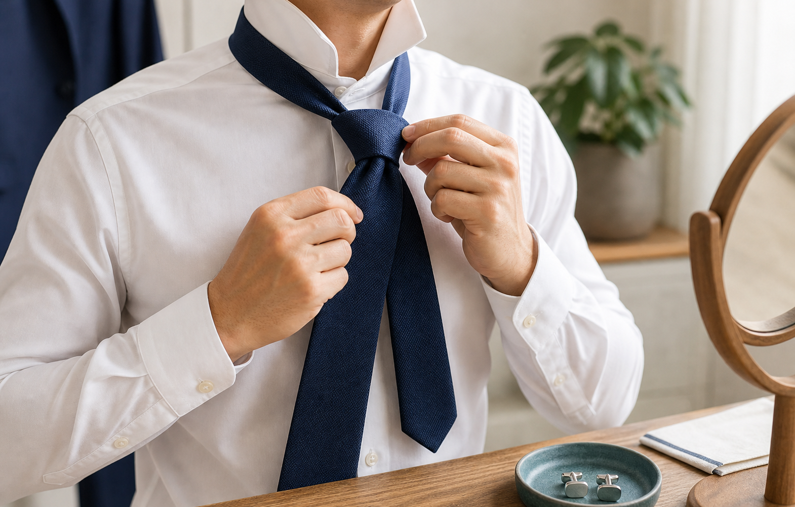 Mains faisant un nœud de cravate classique sur une chemise blanche