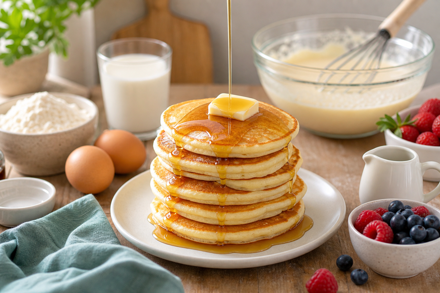 Pile de pancakes dorés avec sirop, fruits et ingrédients de cuisine