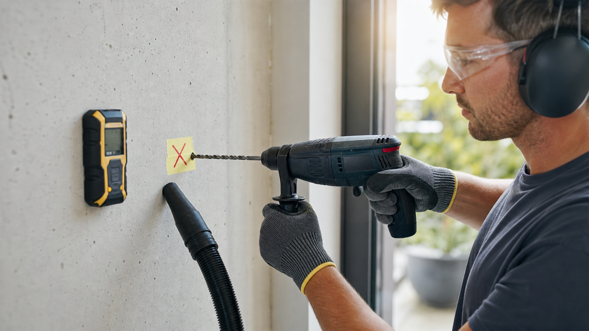 Mur sondé avec détecteur de réseaux, repère de perçage, aspirateur et perceuse tenue droite