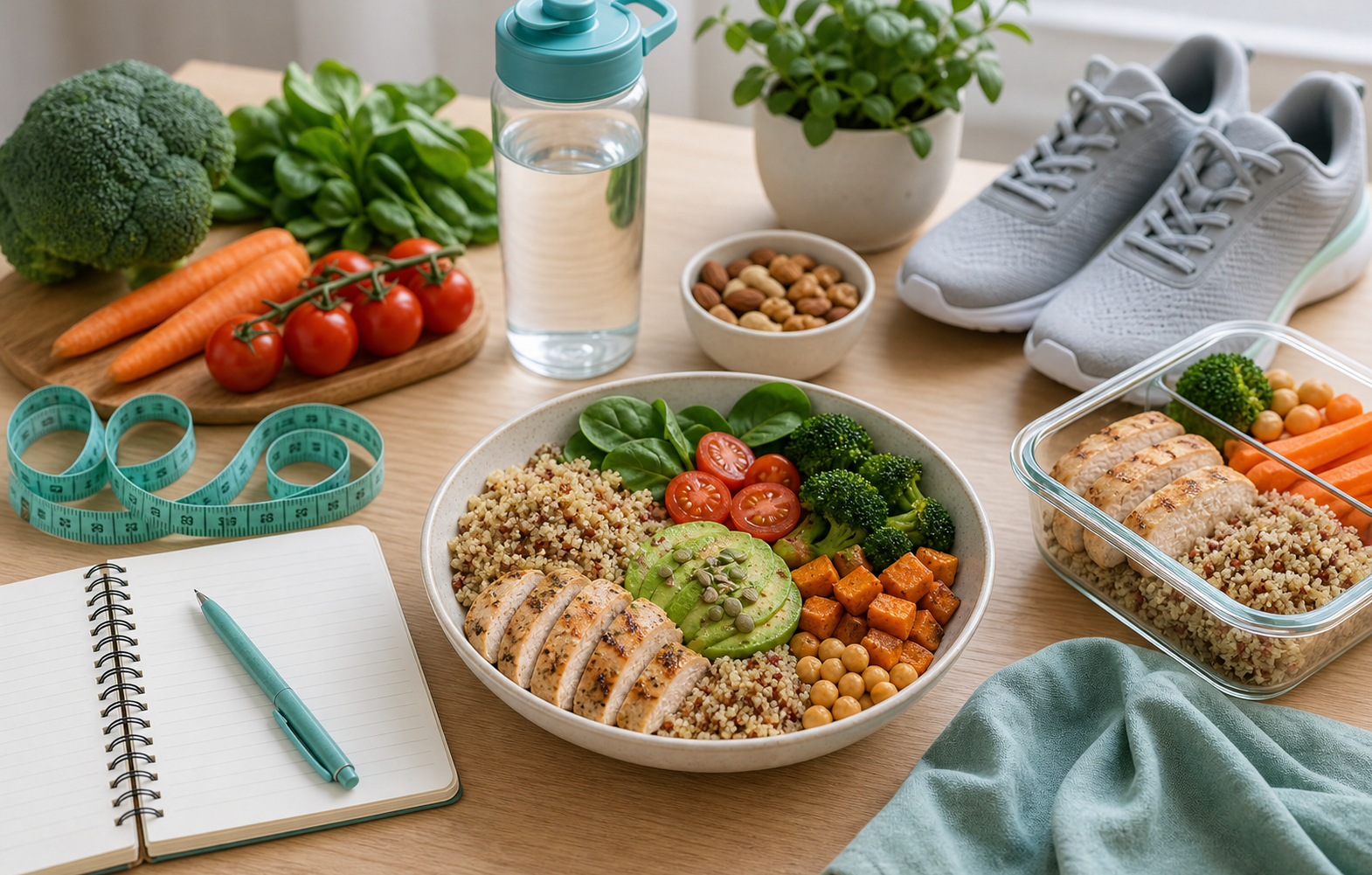Table avec repas équilibré, carnet de suivi, gourde, mètre ruban et chaussures de marche