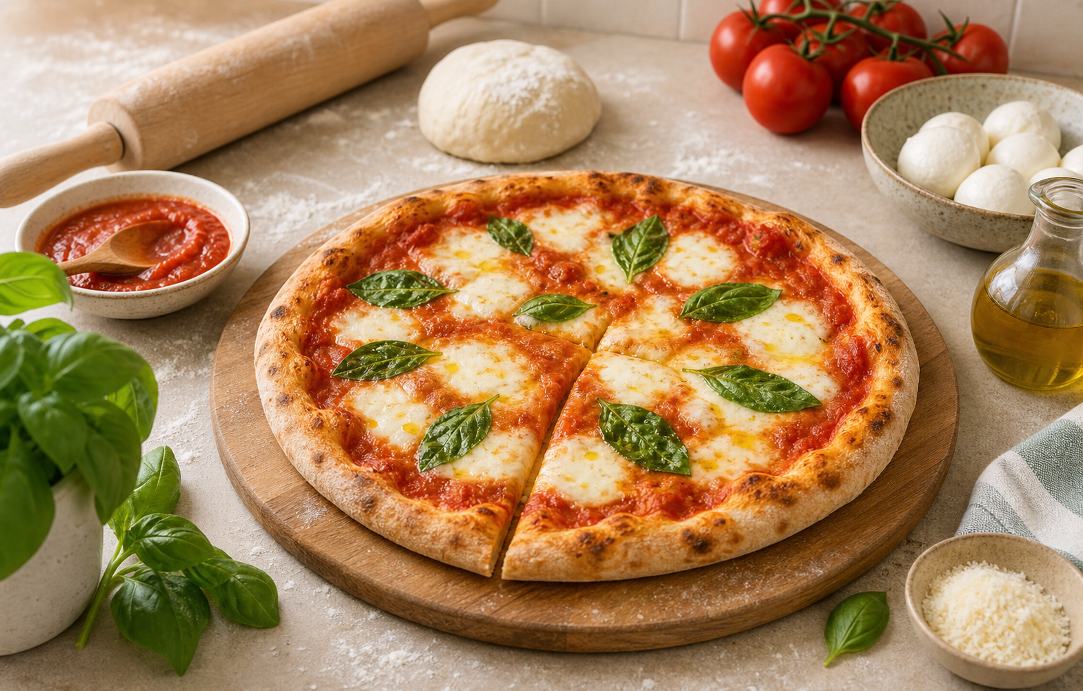 Pizza maison dorée avec tomate, mozzarella, basilic et ingrédients sur un plan de travail