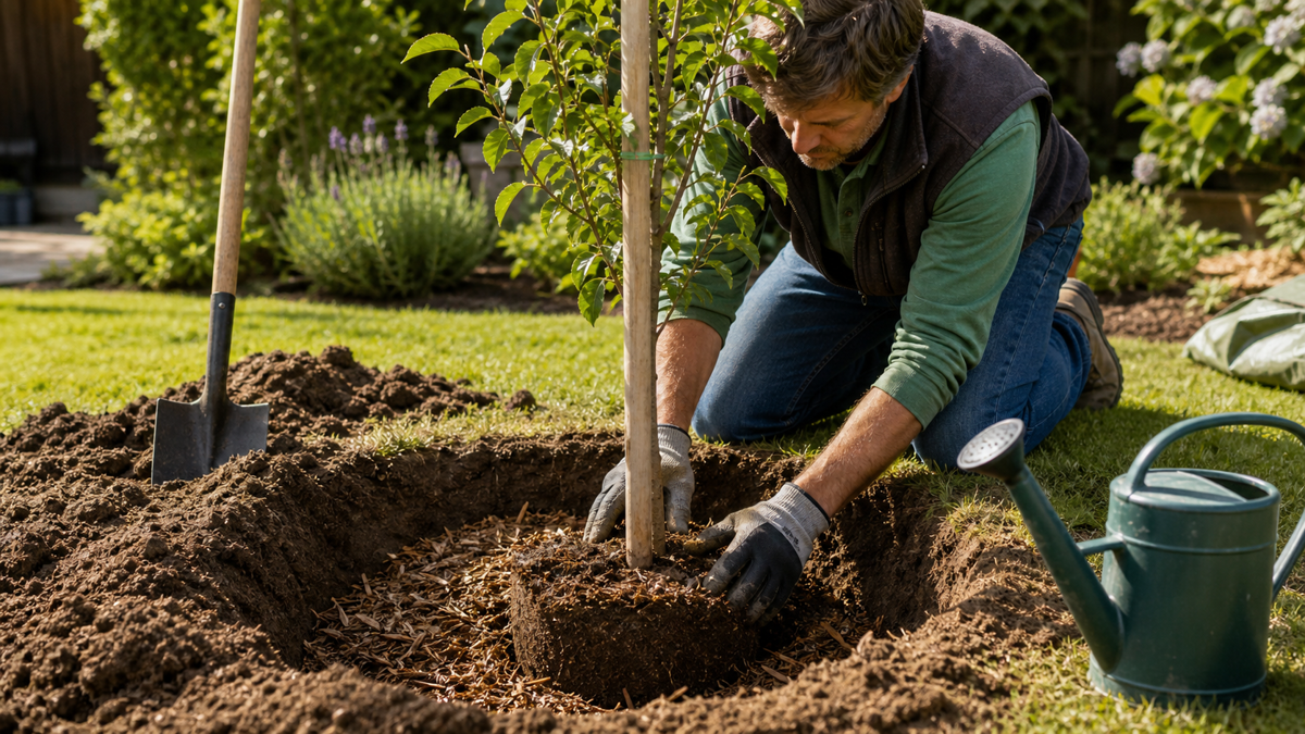 Jeune arbre dans une fosse large avec tuteur, collet visible, paillage et arrosoir