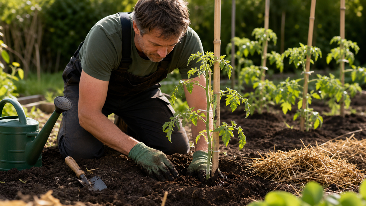 Plants de tomates attachés à des tuteurs avec compost, paillage et arrosoir au potager