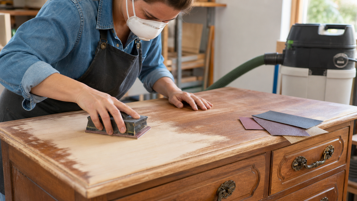 Meuble en bois poncé avec cale, abrasifs gradués, aspiration et masque