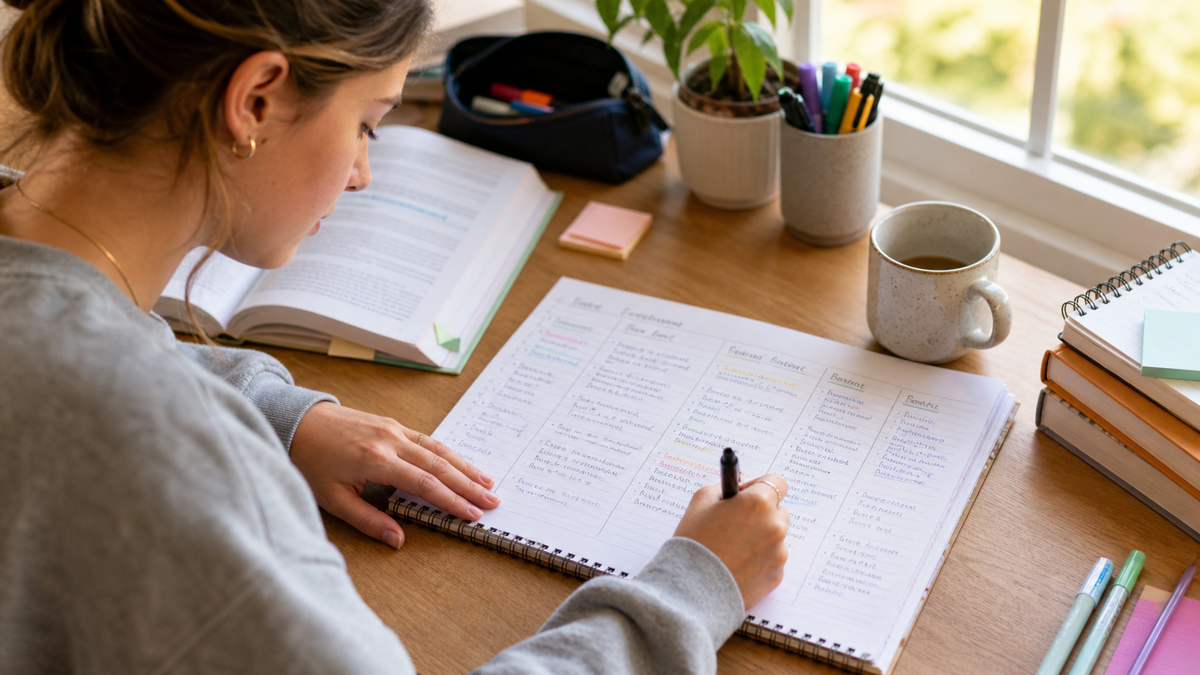 Page de notes datée avec colonne de questions, idées principales, exemples et résumé final
