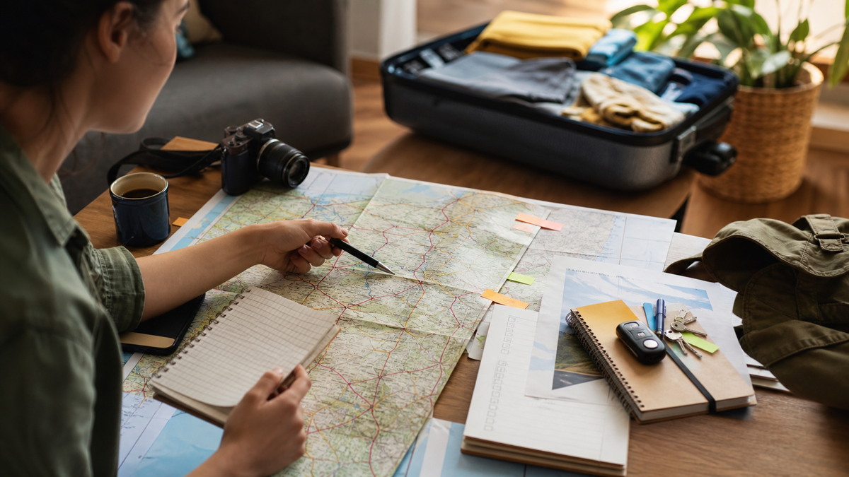 Carte de road trip avec étapes réalistes, contrôles du véhicule, documents, pauses et plans de secours