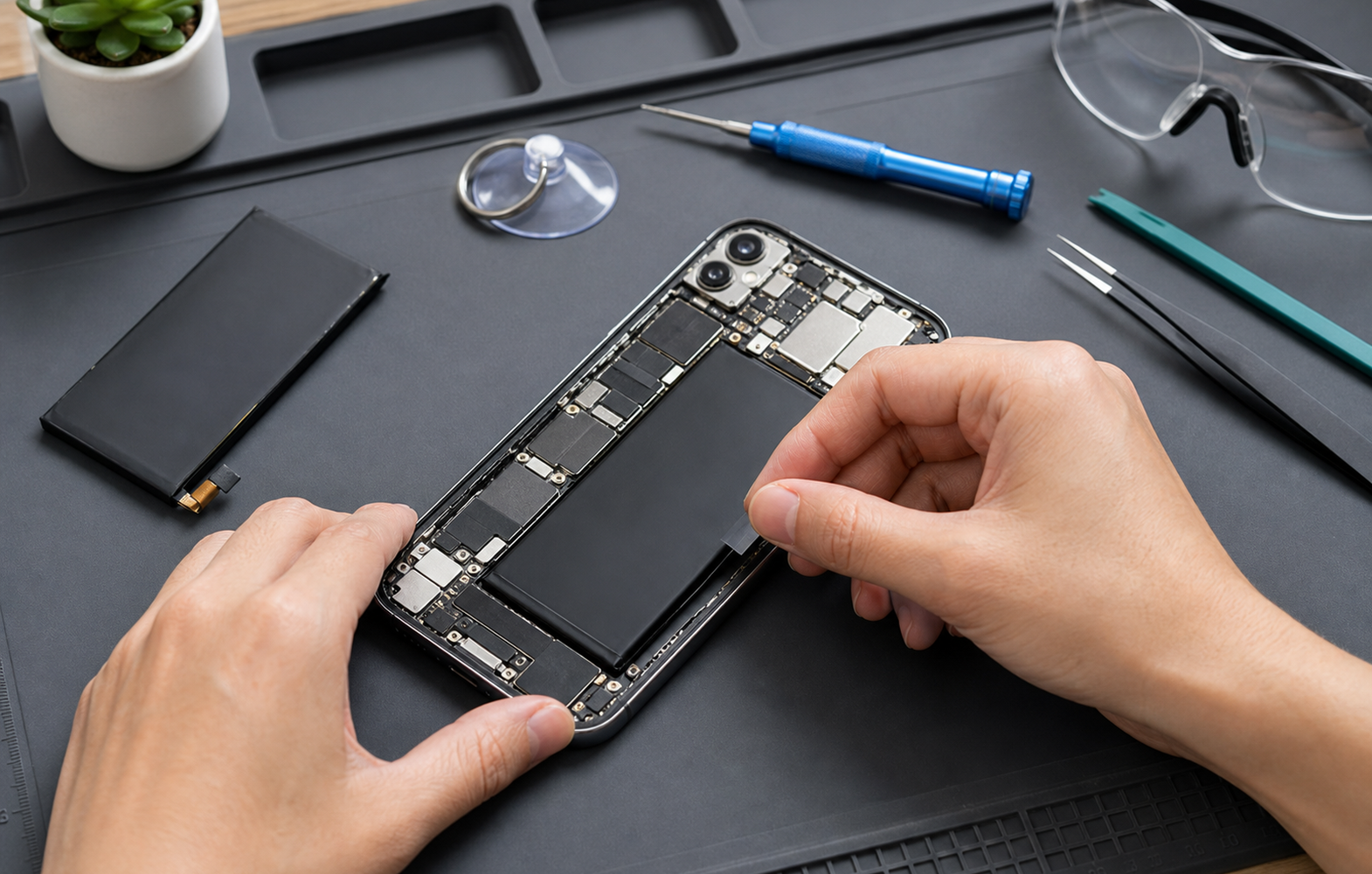 Téléphone ouvert sur tapis de réparation avec batterie, tournevis de précision, ventouse et lunettes de sécurité