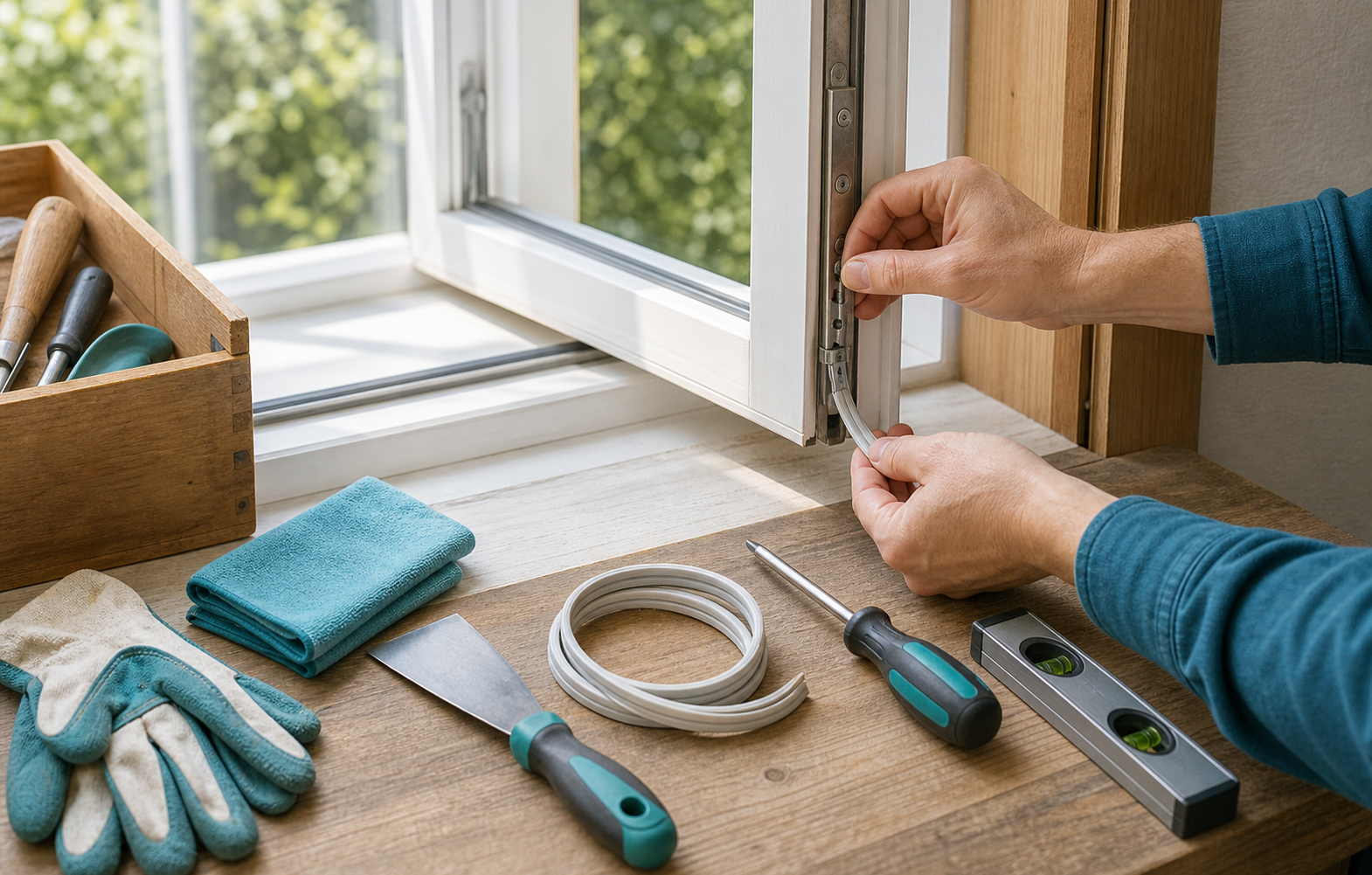 Réparation d'une fenêtre avec joint, tournevis, niveau et outils de bricolage