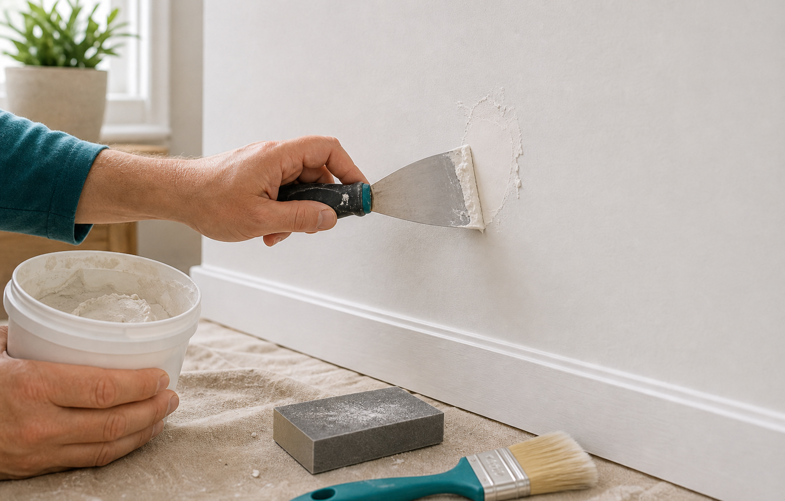 Réparation d'un petit trou dans un mur avec enduit, spatule, ponceuse manuelle et pinceau