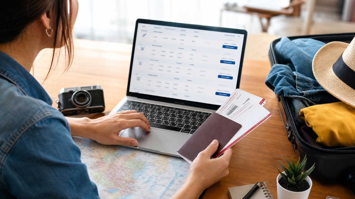 Comparaison de vols avec prix total, bagages, escales, conditions de modification et identité vérifiée