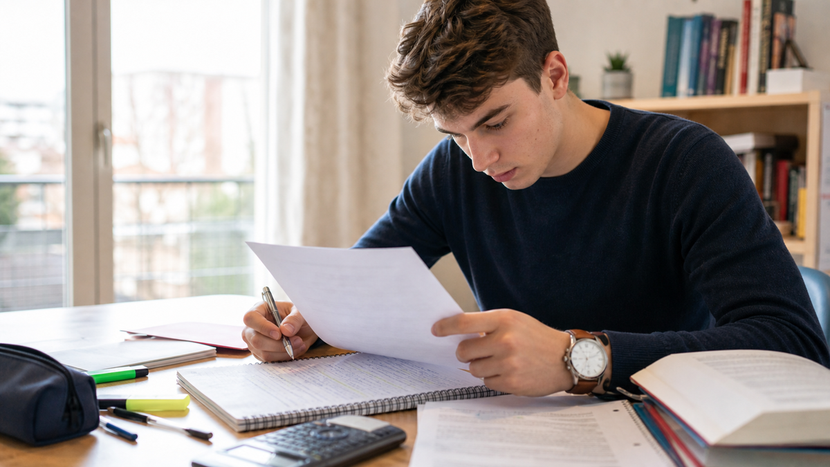 Candidat lisant tout un sujet d'examen avec montre, brouillon structuré et matériel autorisé