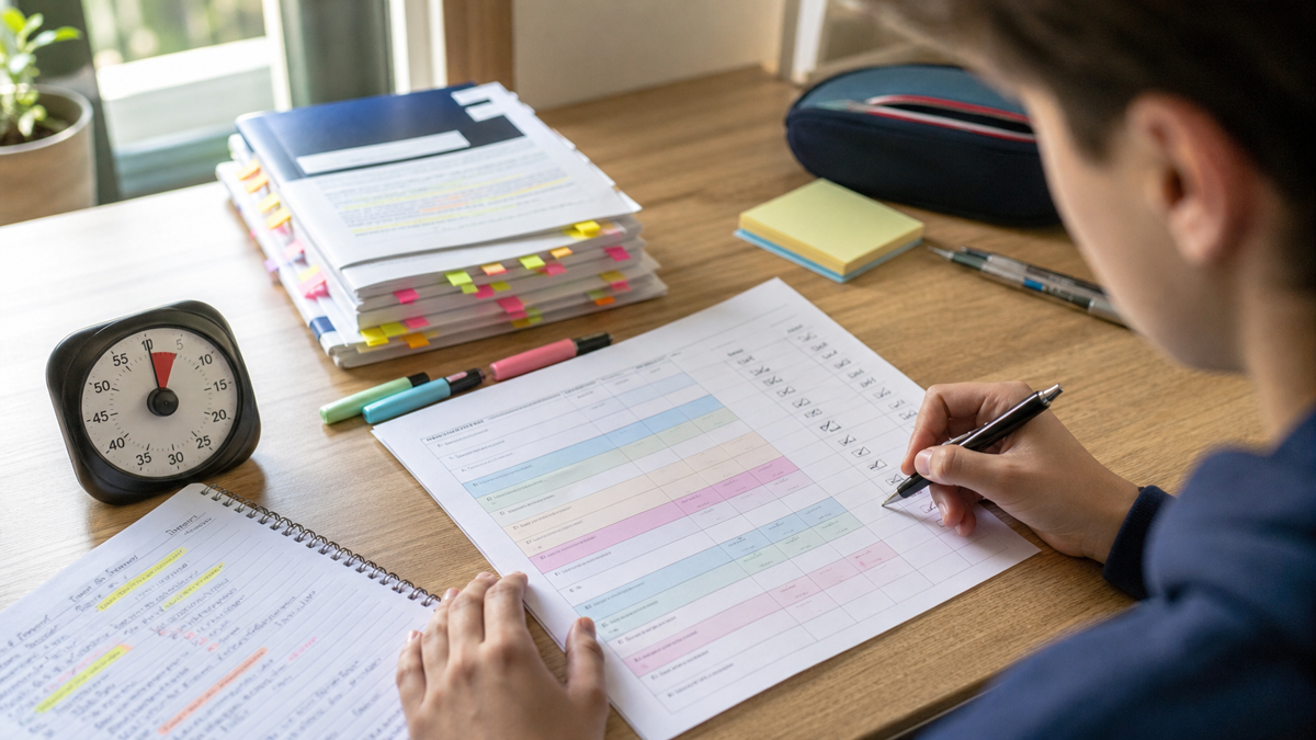 Planning de révision avec chapitres, tests chronométrés, cases de correction et jours de repos