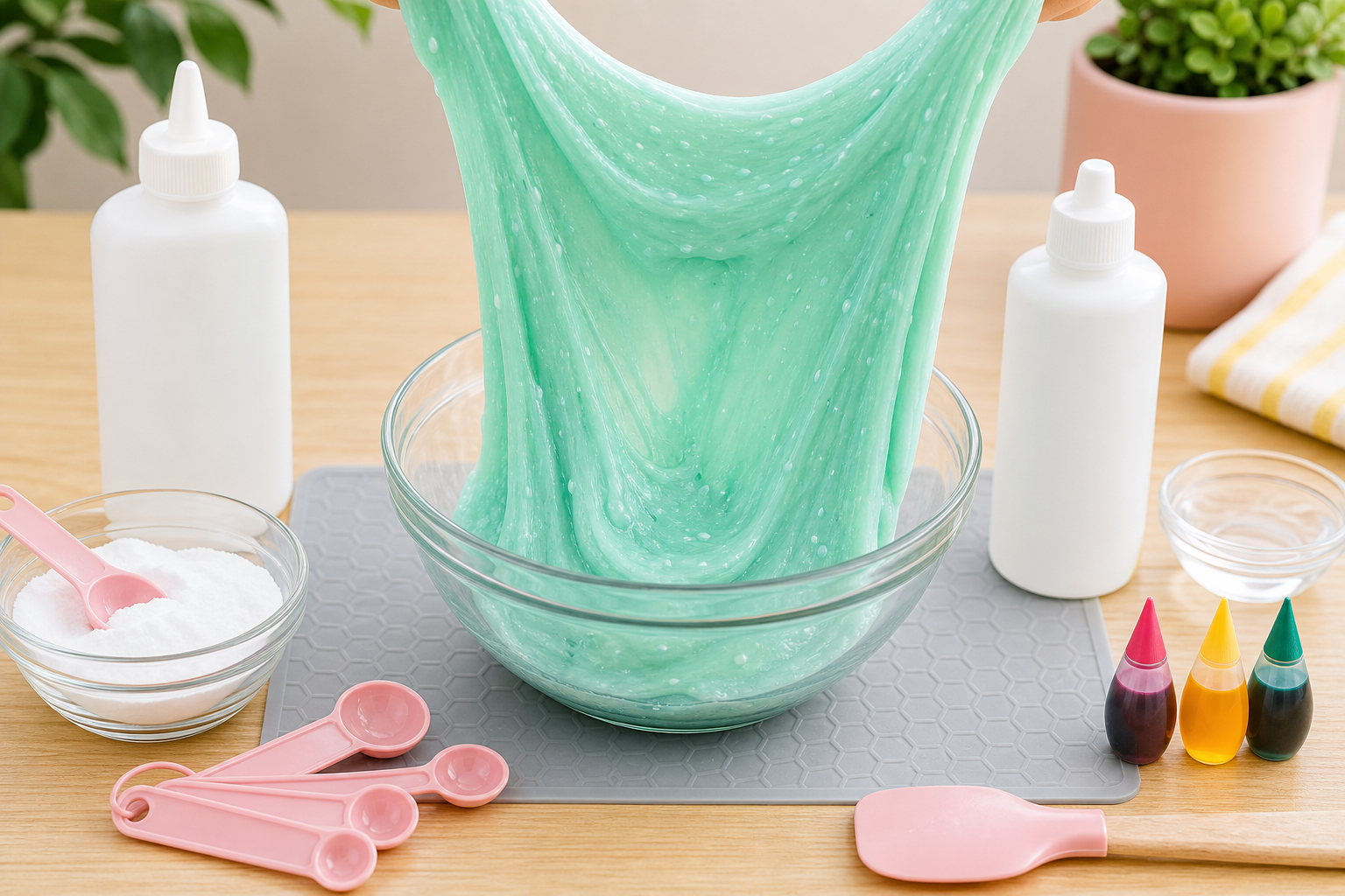 Slime vert menthe et ingrédients rangés sur une table