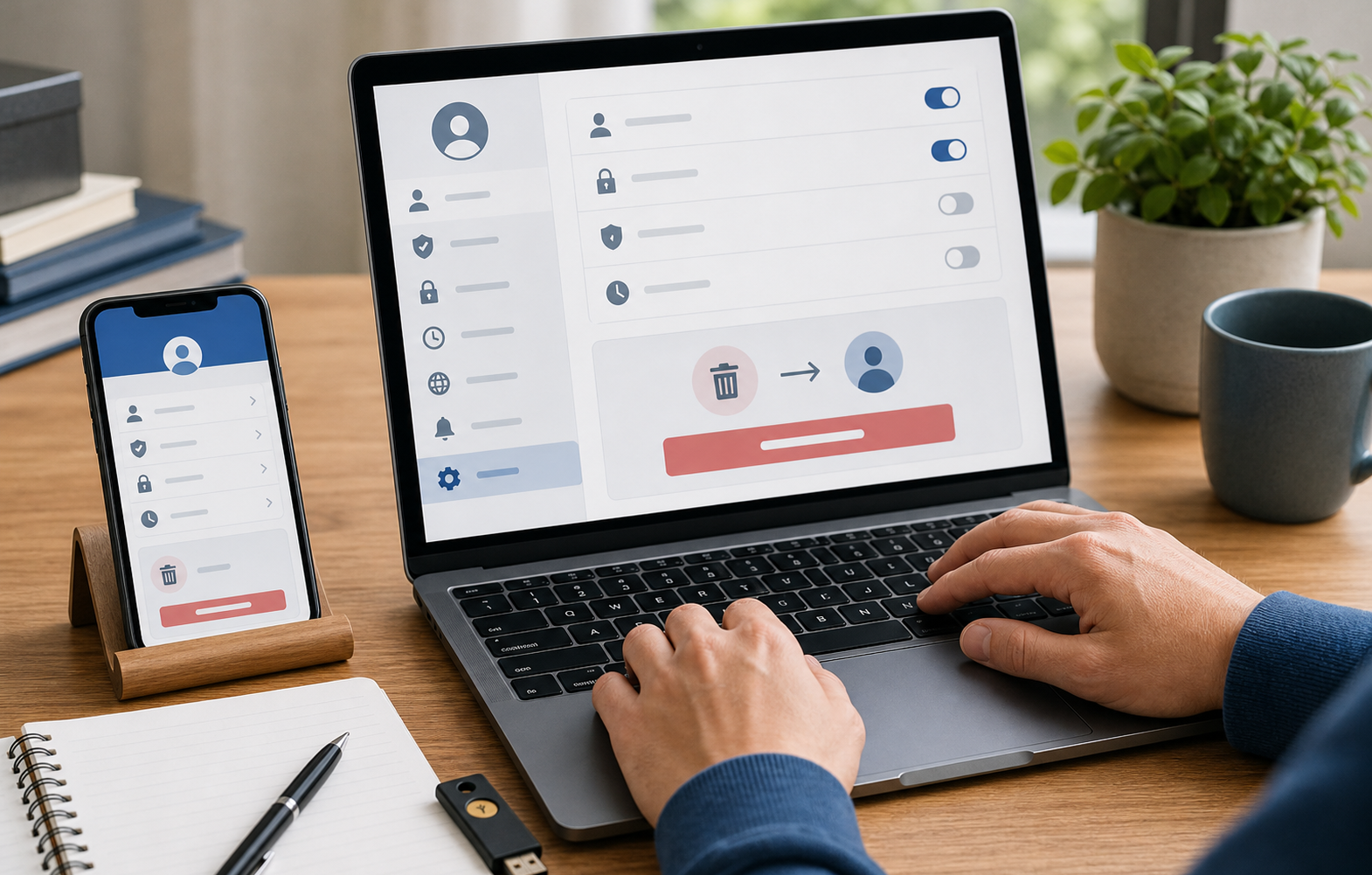 Ordinateur et téléphone affichant une interface générique de paramètres et suppression de compte