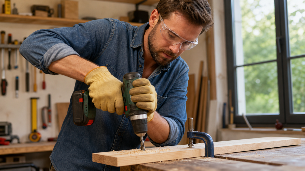 Perceuse tenue à deux mains avec foret adapté, lunettes et pièce bridée sur un établi